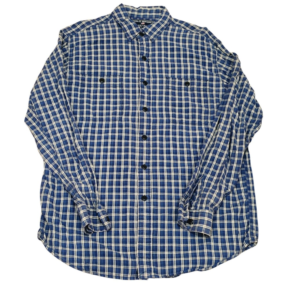 Polo Sport Ralph Lauren Sportsman Mens M Blue Plaid Flannel Shirt Double Pocket